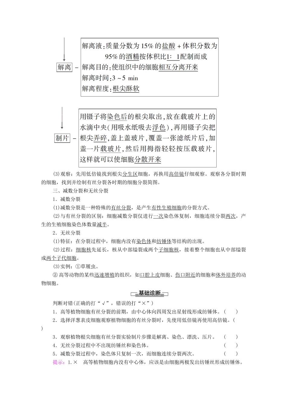 高中生物 第4章 细胞增殖、分化、衰老和死亡 第1节 第2课时 观察植物根尖细胞有丝分裂 减数分裂和无丝分裂教案 苏教版必修1-苏教版高中必修1生物教案_第2页