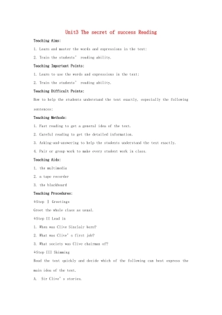 高中英语 Unit3 The secret of success Reading教案 牛津译林版选修11-牛津版高三选修11英语教案