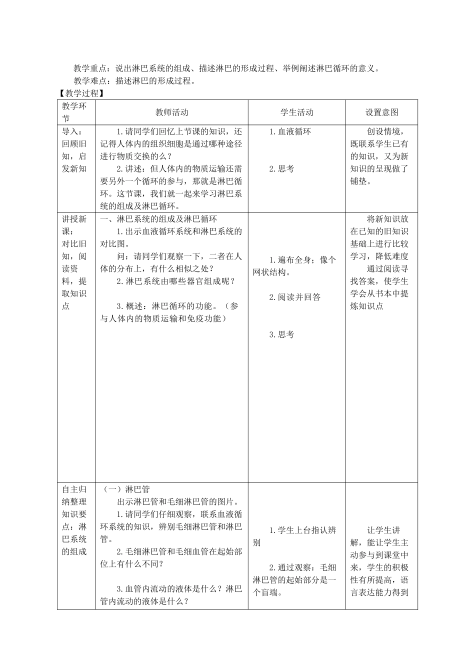 七年级生物下册 第五章 第二节 淋巴系统的组成及淋巴循环教学设计 北京课改版-北京课改版初中七年级下册生物教案_第2页