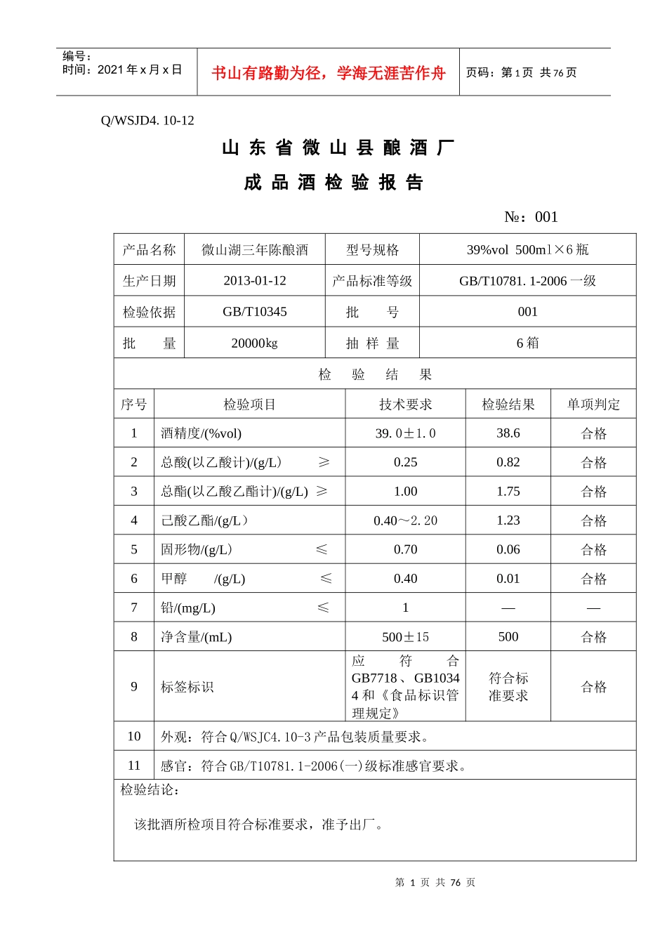 XXXX年成品酒检验报告_第1页