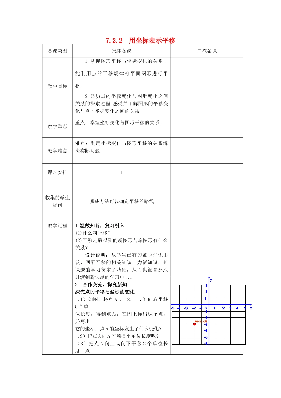 七年级数学下册 7.2 坐标方法的简单应用 7.2.2 用坐标表示平移教案1 （新版）新人教版-（新版）新人教版初中七年级下册数学教案_第1页
