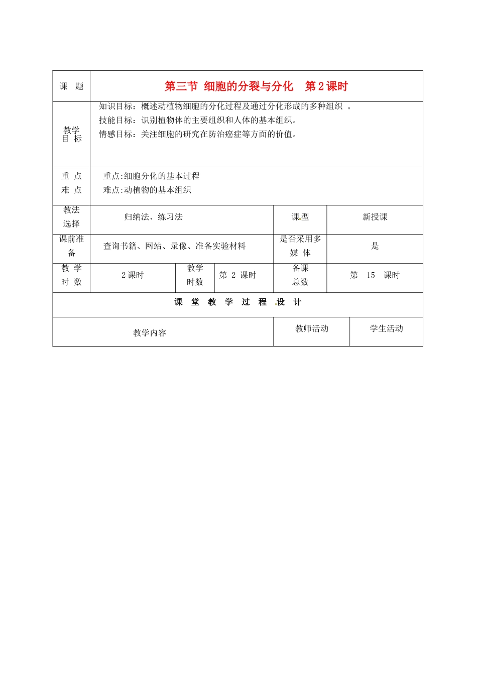 七年级生物上册 第4章 第1节 细胞的分裂与分化（第2课时）教案 苏教版-苏教版初中七年级上册生物教案_第1页