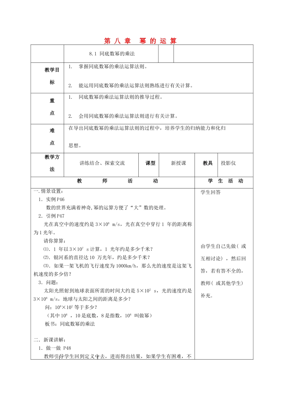 七年级数学下册《第八章 幂的运算》复习教案 （新版）苏科版-（新版）苏科版初中七年级下册数学教案_第1页