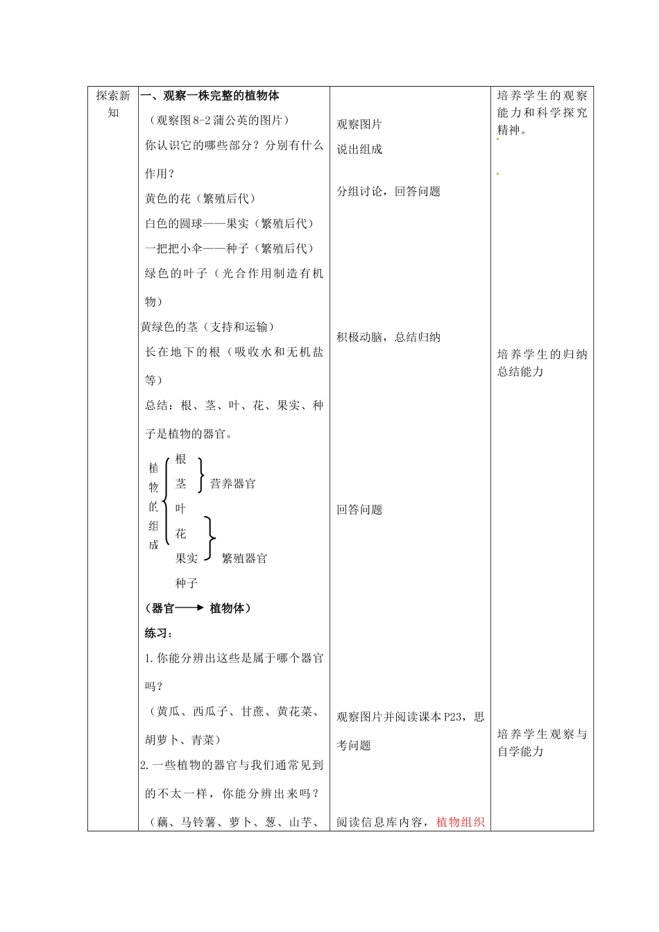 七年级生物下册 第4单元 第9章 生物体有相似的结构层次教案 （新版）苏科版-（新版）苏科版初中七年级下册生物教案_第2页