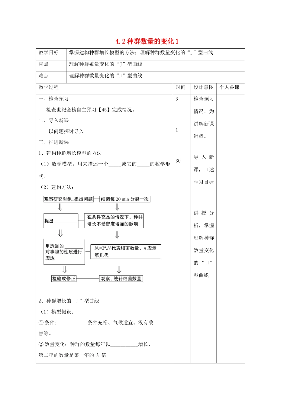 高中生物 第4章 种群和群落 4.2 种群数量的变化1教案 新人教版必修3-新人教版高二必修3生物教案_第1页