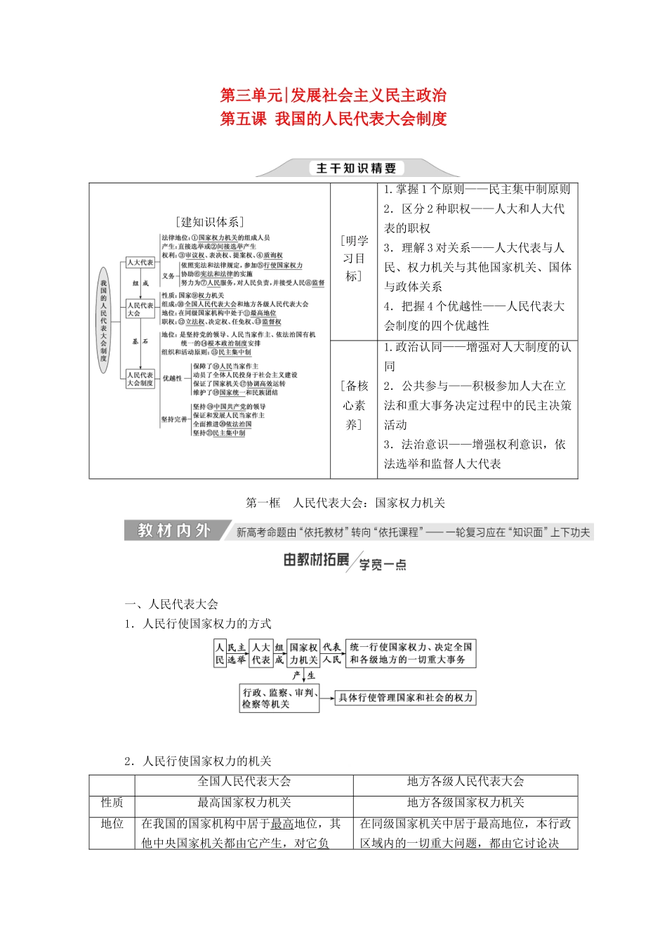 （新课改省份专用）高考政治一轮复习 第三单元 第五课 我国的人民代表大会制度讲义 新人教版必修2-新人教版高三必修2政治教案_第1页