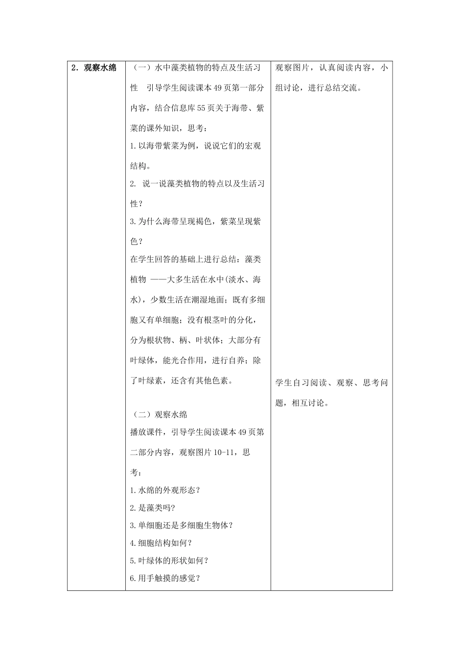 七年级生物下册 第10章 第2节《水中的藻类植物》教案 苏科版_第2页