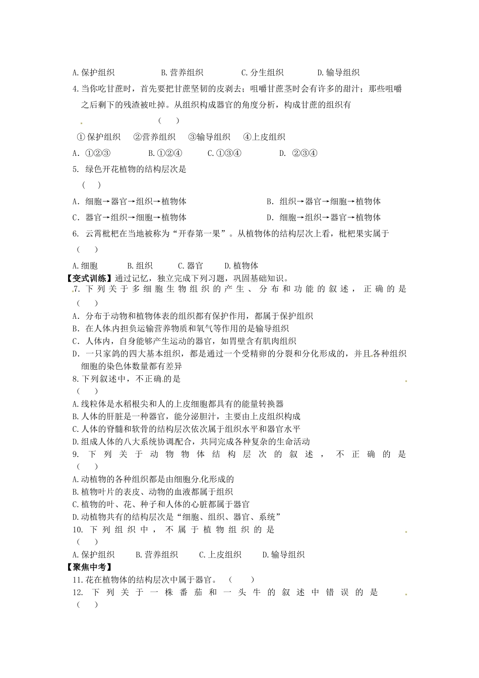 七年级生物上册 2.2.3 植物体的结构层次导学案（无答案）（新版）新人教版_第2页