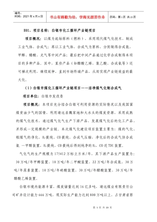 1、项目名称：白银市化工循环产业链项目