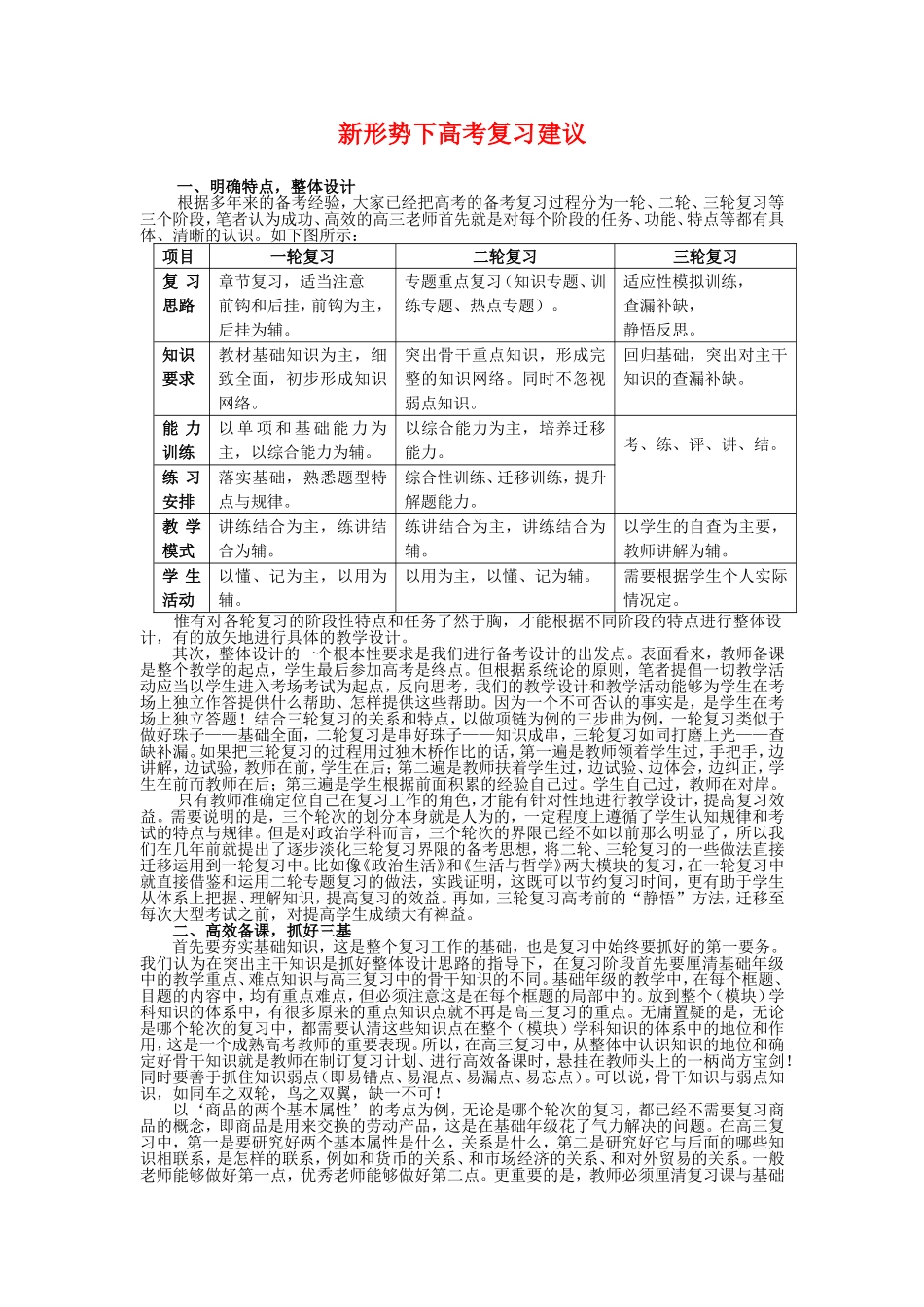 高三政治：《新形势下高考复习建议》教案新人教版_第1页