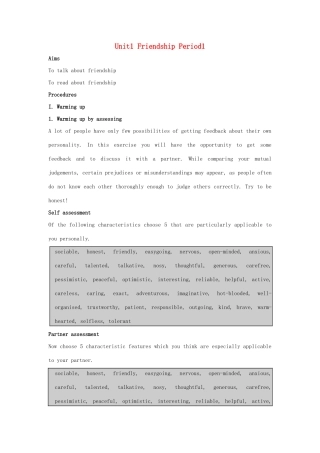 高中英语 Unit1 Friendship Period1教案 新人教版必修1-新人教版高一必修1英语教案
