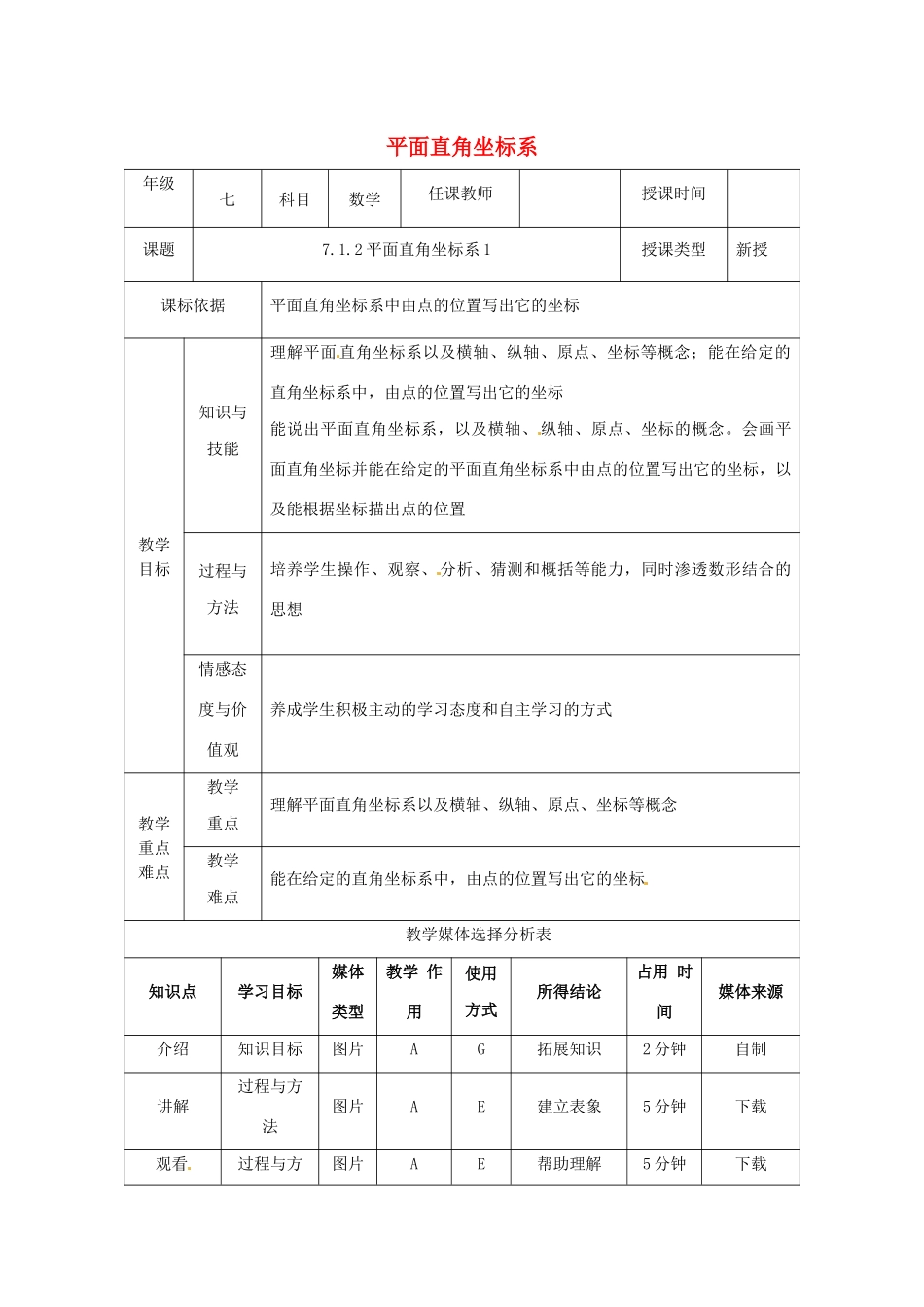七年级数学下册 第七章 平面直角坐标系 7.1 平面直角坐标系 7.1.2 平面直角坐标系（1）教案 （新版）新人教版-（新版）新人教版初中七年级下册数学教案_第1页