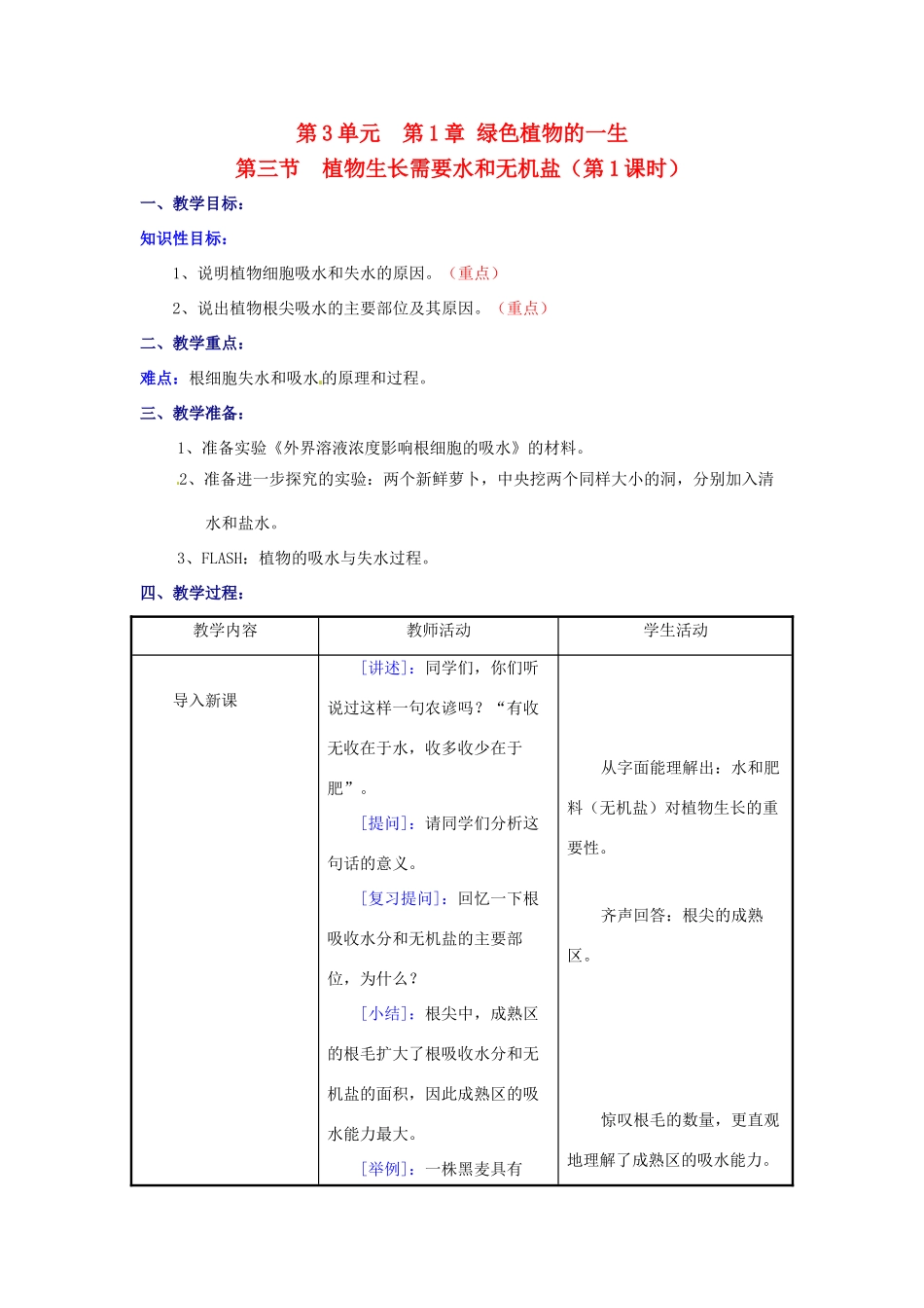 七年级生物上册 5.3 植物生长需要水和无机盐教案1 苏教版_第1页