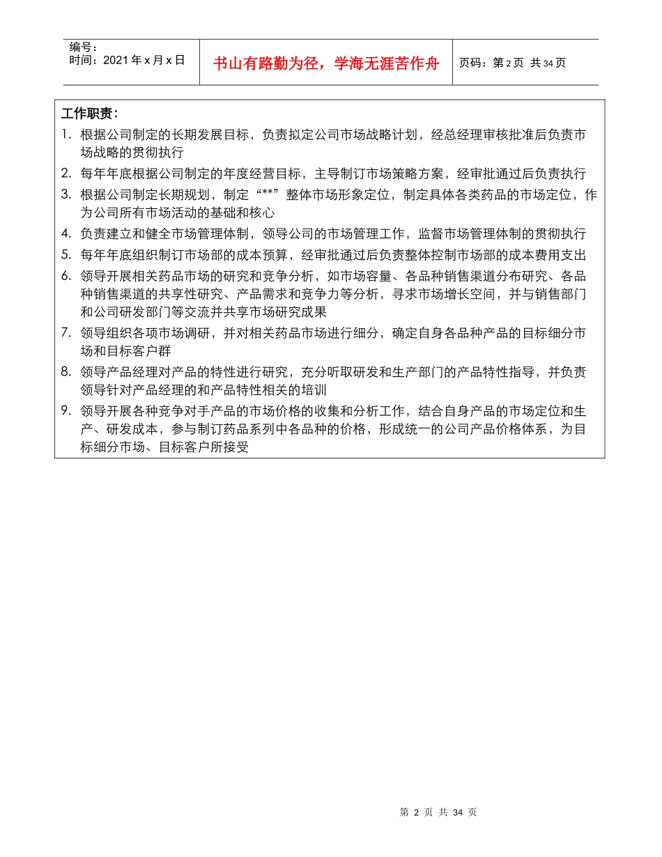 医药市场部岗位说明书_第2页