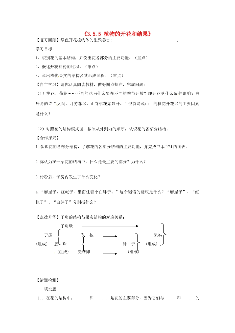 辽宁省辽阳市第九中学七年级生物上册《3.5.5 植物的开花和结果》学案（无答案） 新人教版_第1页