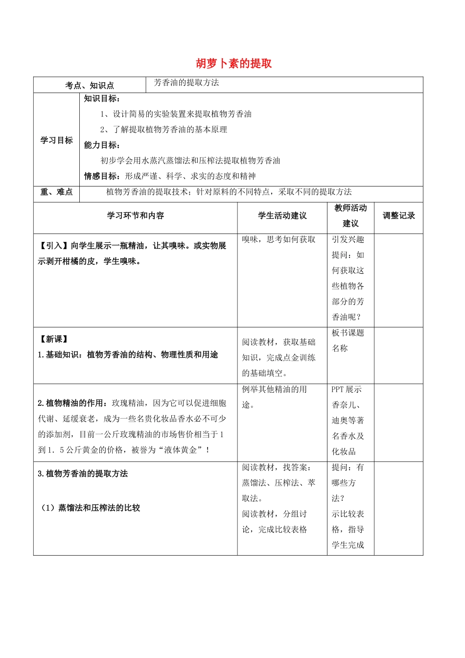 高中生物 专题6 课题2 胡萝卜素的提取教学设计-人教版高中全册生物教案_第1页