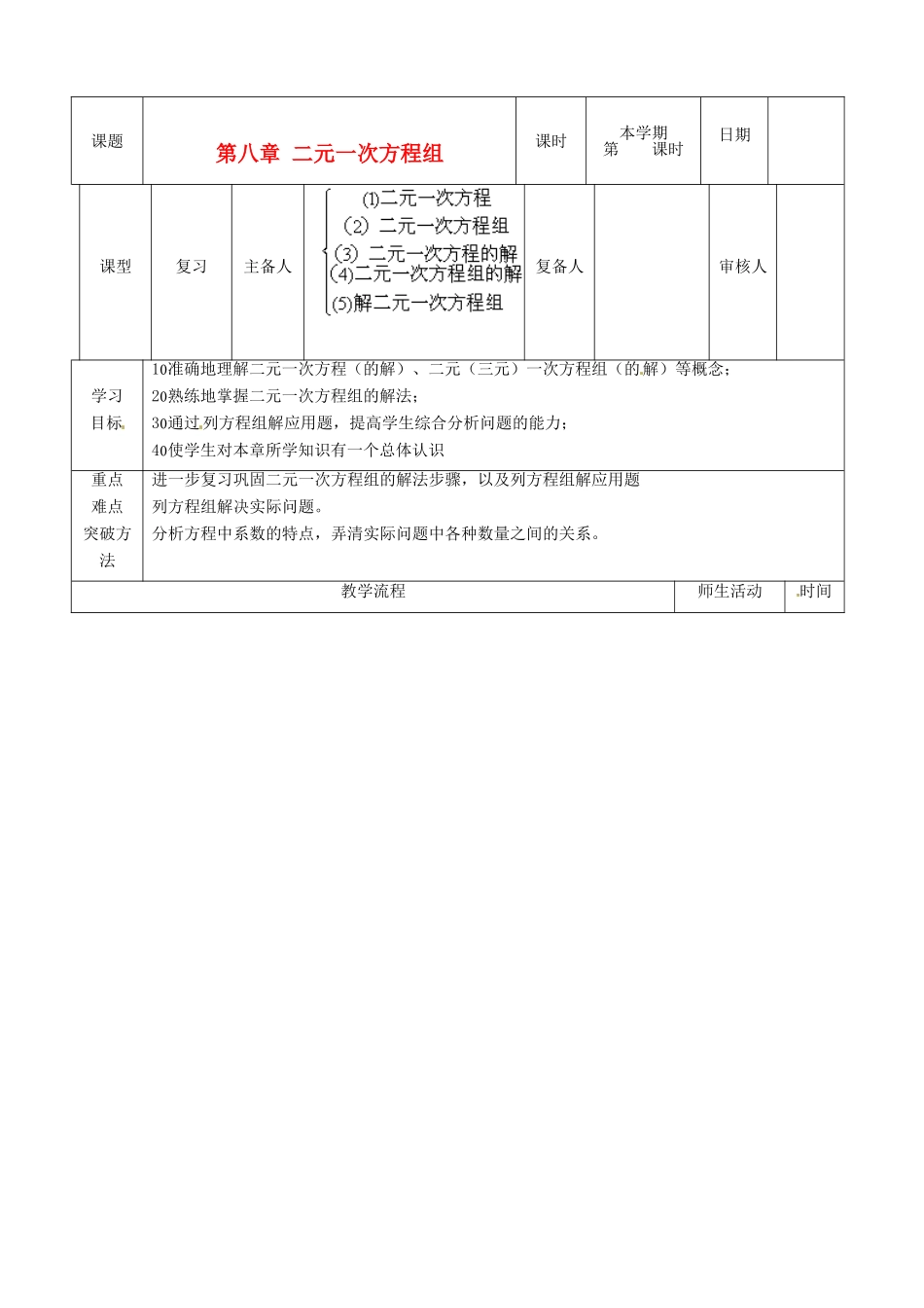 山东省滨州市邹平实验中学七年级数学下册《第八章二元一次方程组》复习教案（二） 人教新课标版_第1页