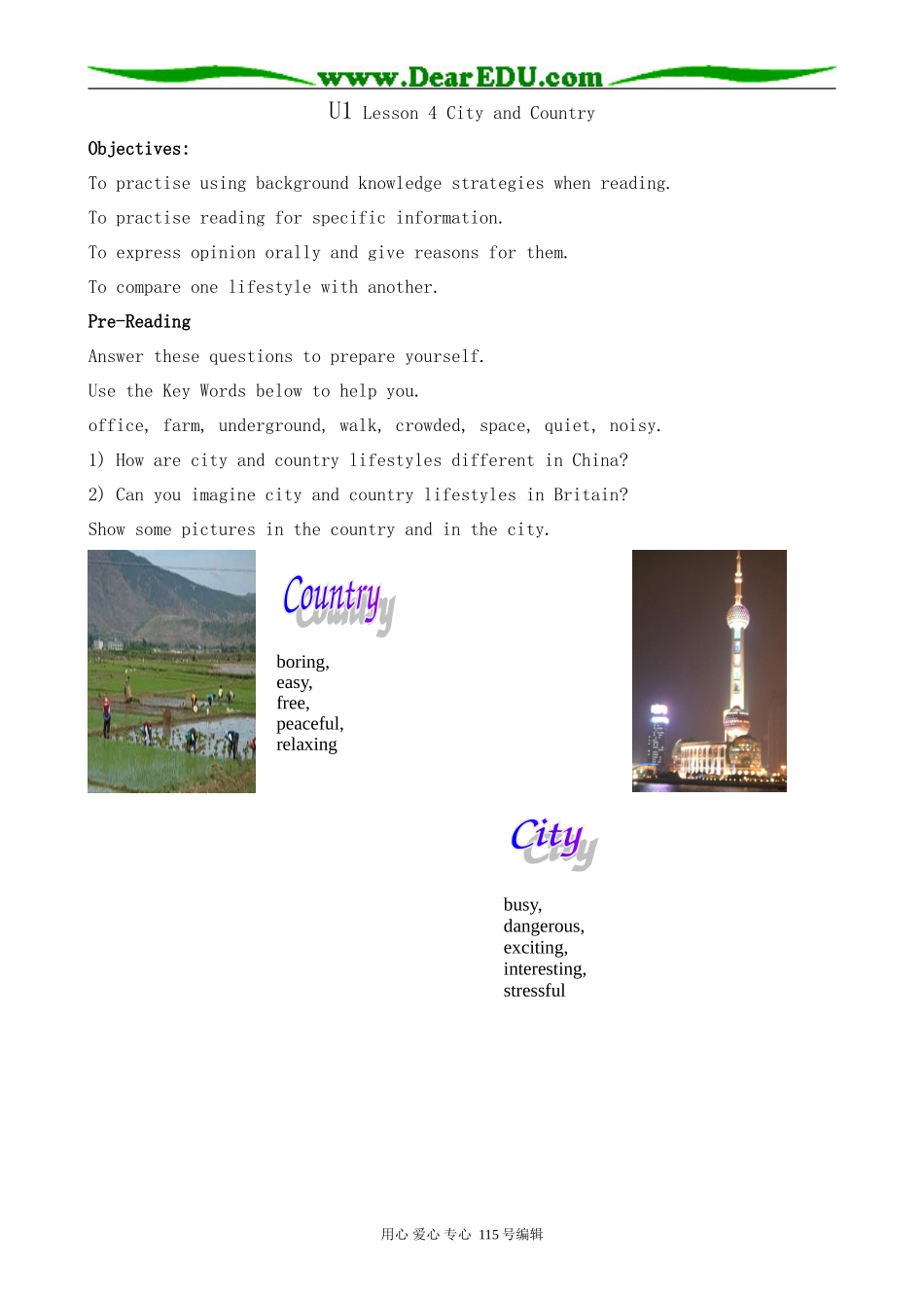 北师大版高中英语必修1U1 Life Styles--Lesson 4 City and Country_第1页