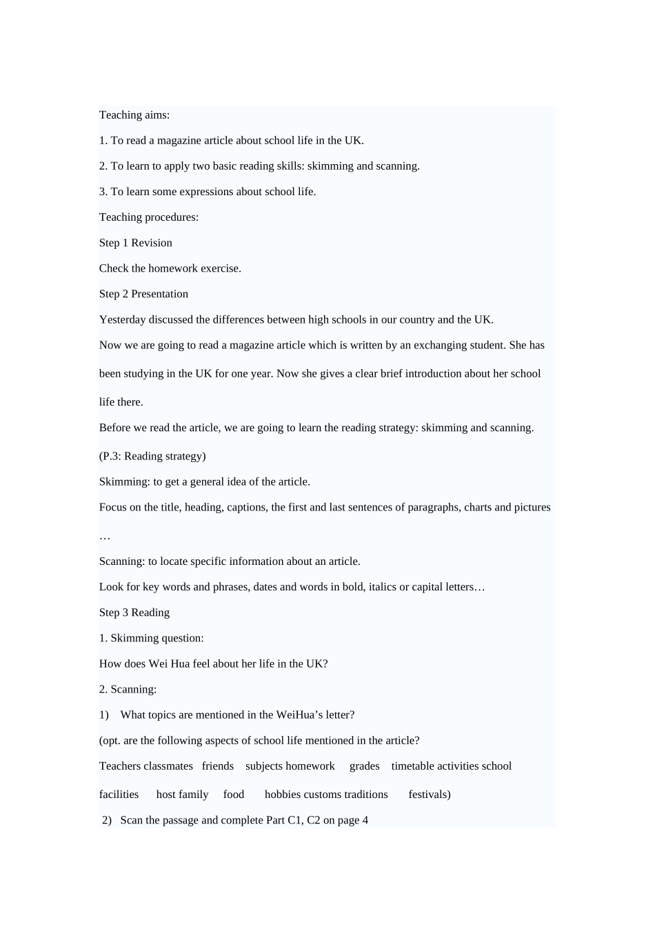 高中英语 unit1 school life单元教案 牛津译林版必修1_第3页