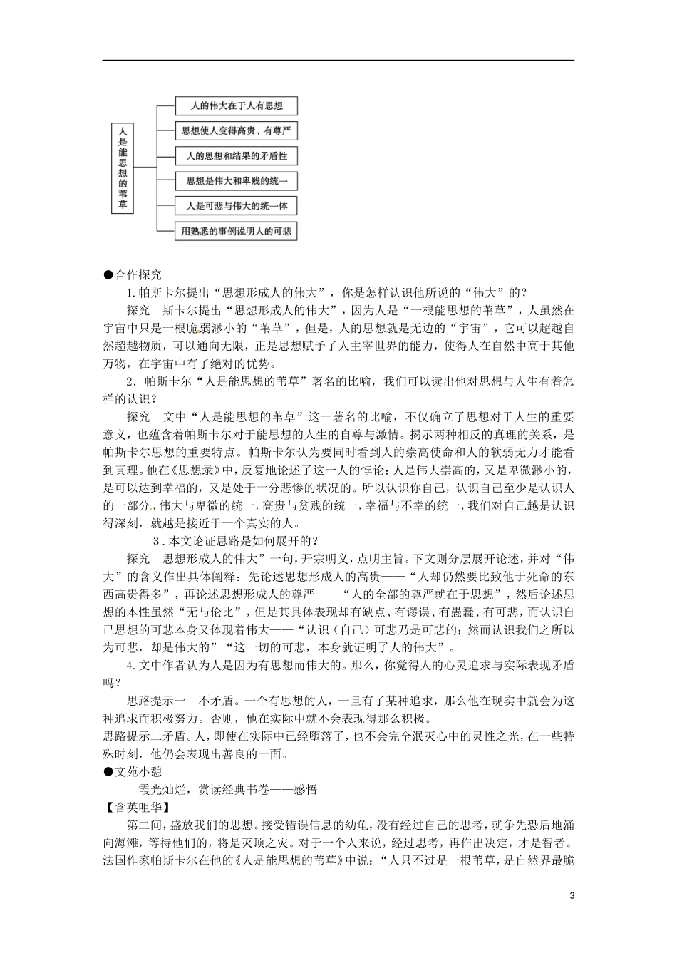 安徽省蒙城县第六中学高中语文 4-2第1课时 人是能思想的苇草同步导学案 苏教版必修5_第3页