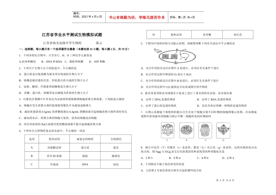 XXXX年江苏省学业水平测试生物模拟试题(1)_第1页