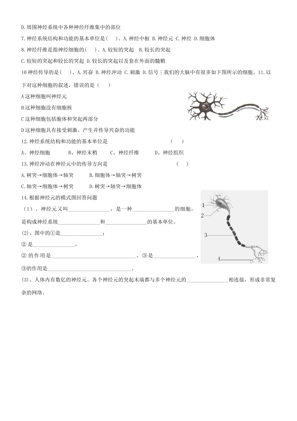 七年级生物下册 3.5.2 神经调节的结构基础导学案（无答案）（新版）济南版_第2页