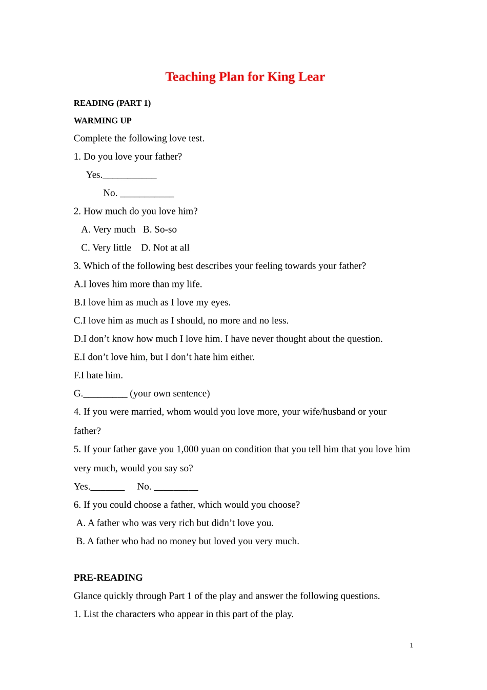 高中英语 Unit2 King Lear-Reading教案 新人教版选修10_第1页