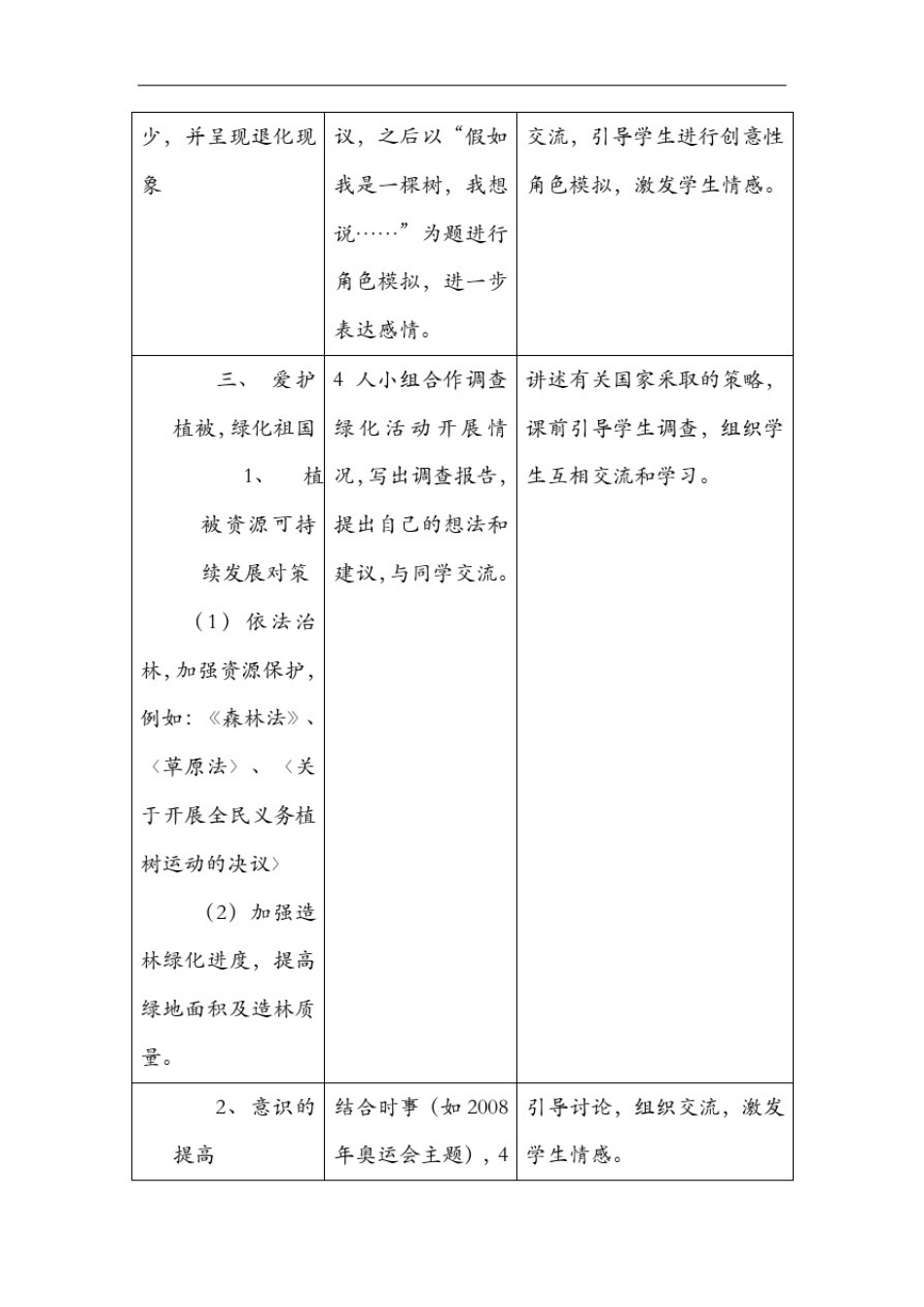 人教版七年级上册生物爱护植被,绿化祖国教案与教学反思精品教案_第3页
