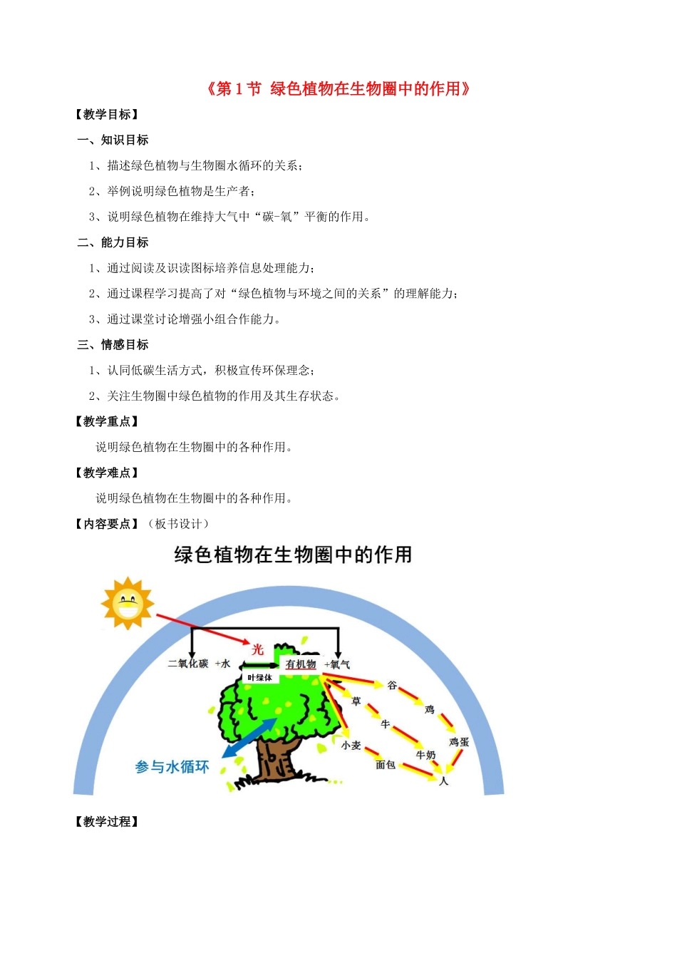 七年级生物上册 第7章 第1节 绿色植物在生物圈中的作用教案1 北师大版_第1页
