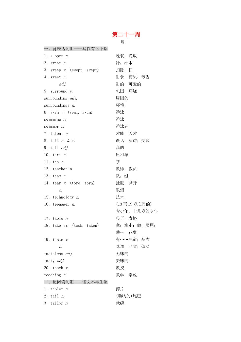 高考英语一轮复习 分餐化素养积累 第二十一周讲义-人教版高三全册英语教案_第1页