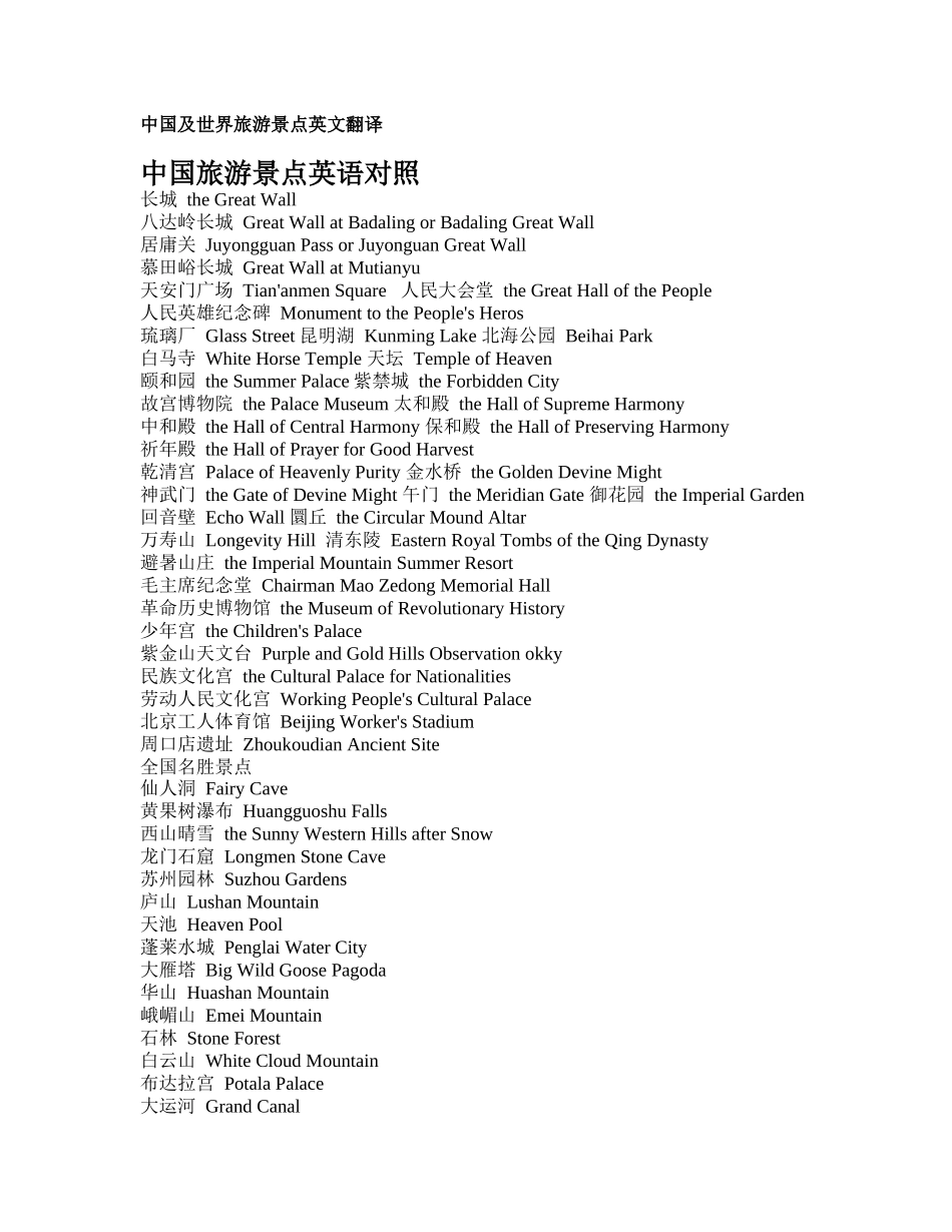 中国及世界旅游景点英文翻译_第1页