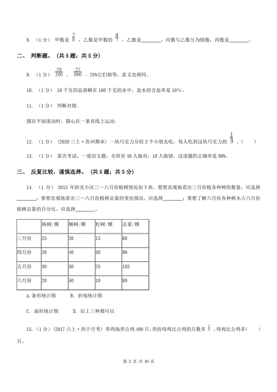 四川省遂宁市六年级数学上册期末测试卷(A)_第2页