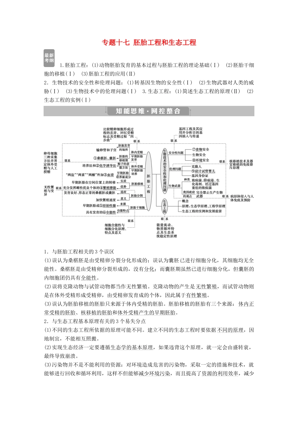 高考生物考前冲刺复习 第1部分 专题突破方略 专题十七 胚胎工程和生态工程讲义-人教版高三全册生物教案_第1页