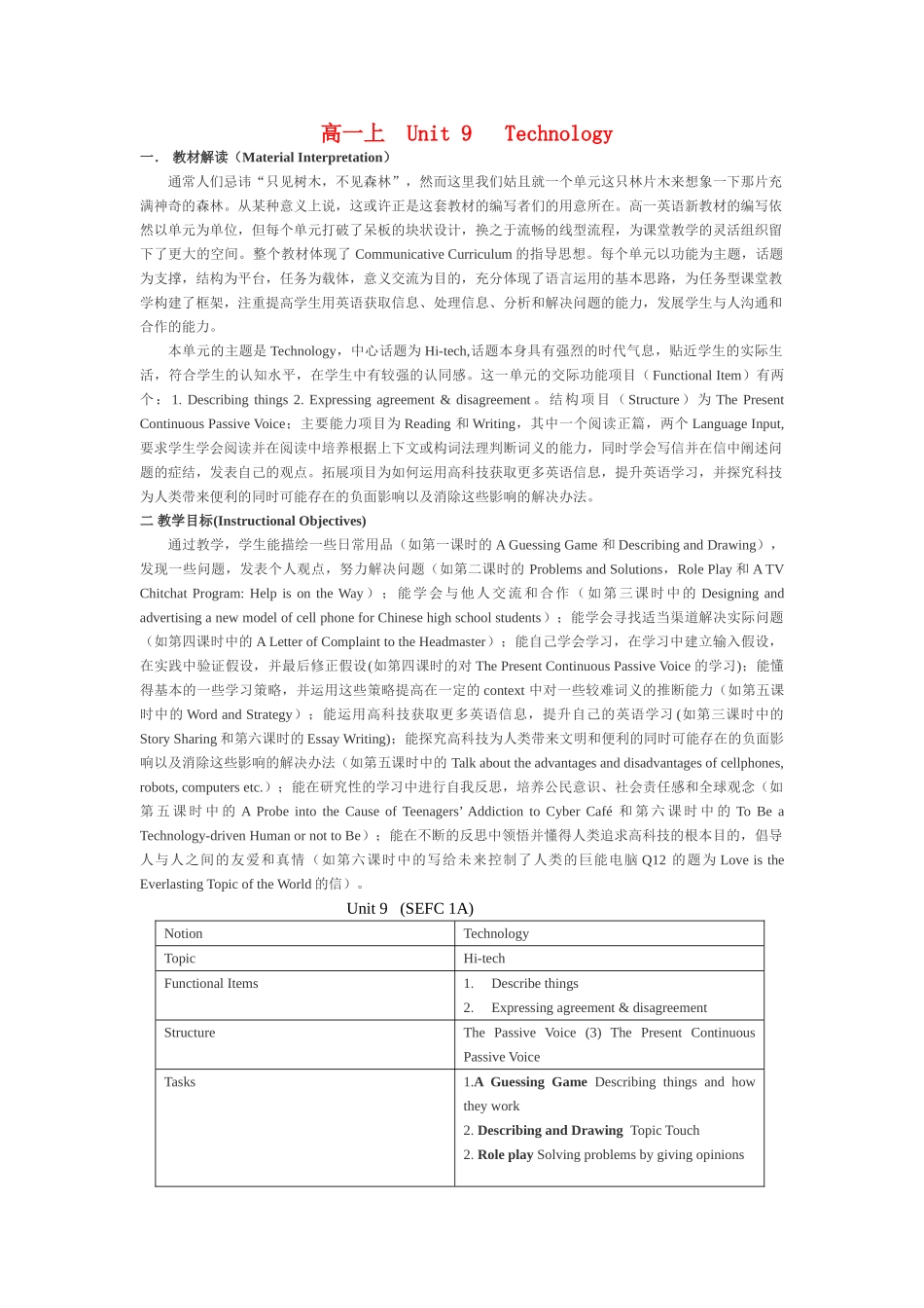 高中英语 Unit 9《Technology》说课稿 新人教版必修1_第1页