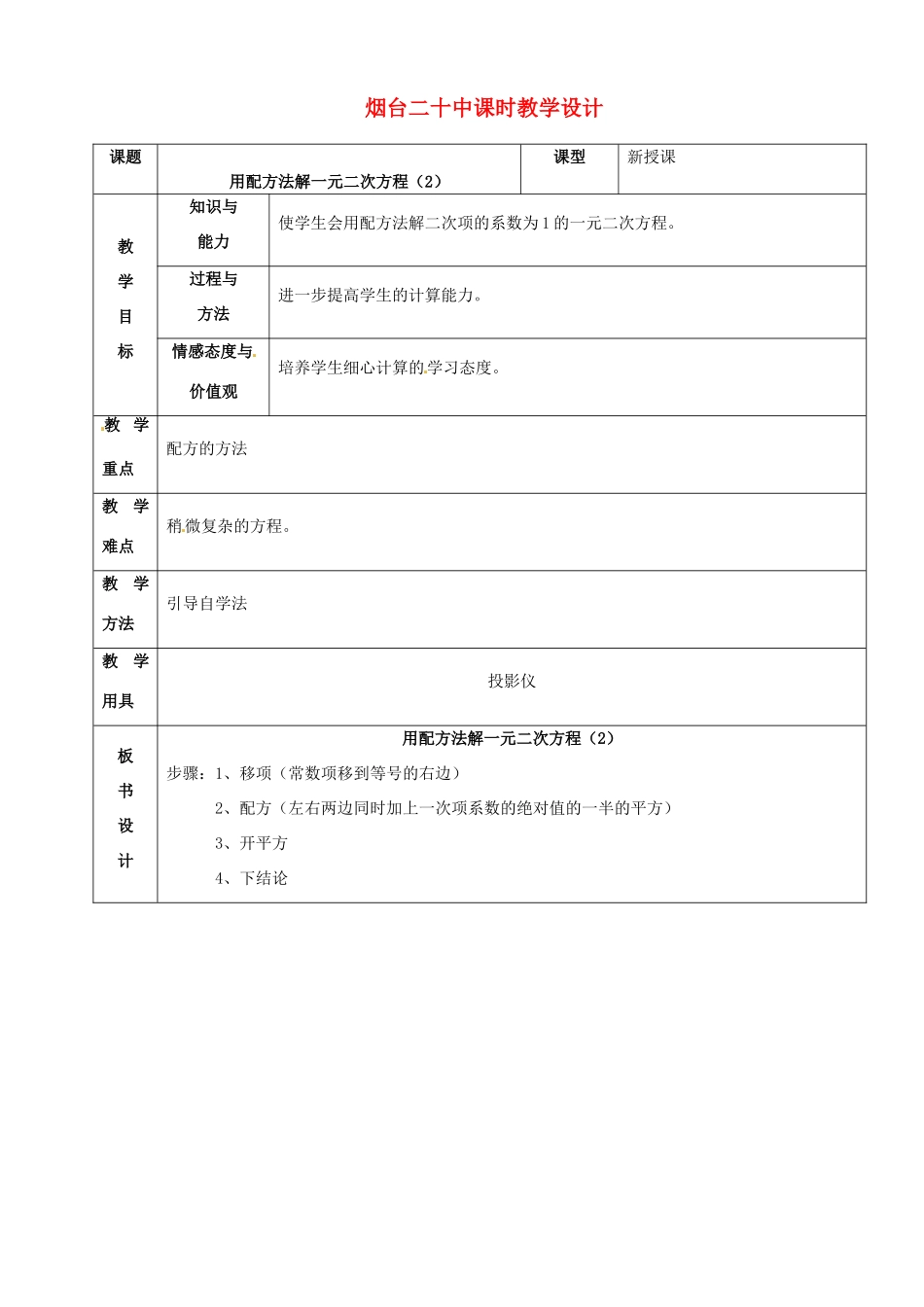 山东省烟台20中九年级数学《用配方法解一元二次方程（2）》教案_第1页