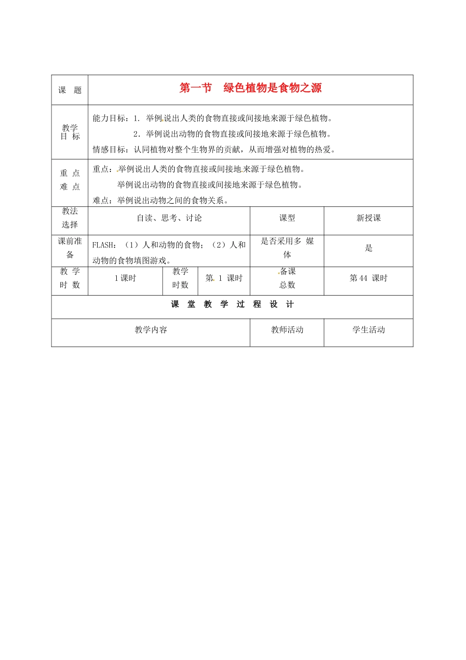 七年级生物上册 第7章 第1节 绿色植物是食物之源教案 苏教版-苏教版初中七年级上册生物教案_第1页