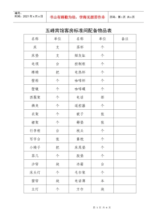 五峰宾馆客房标准间配备物品表