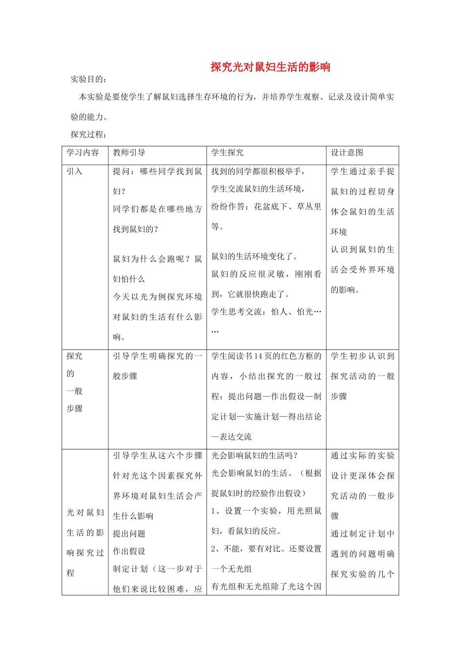 七年级生物上册 探究光对鼠妇生活影响教案 人教新课标版_第1页