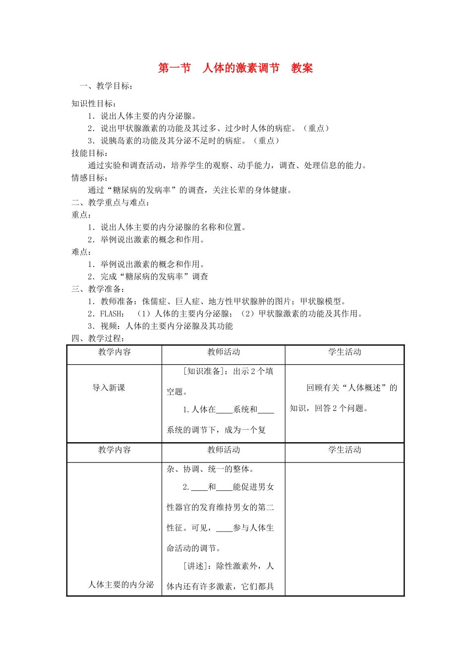 七年级生物下册 第4单元 生物圈中的人 第一节 人体的激素调节名师教案 苏教版_第1页