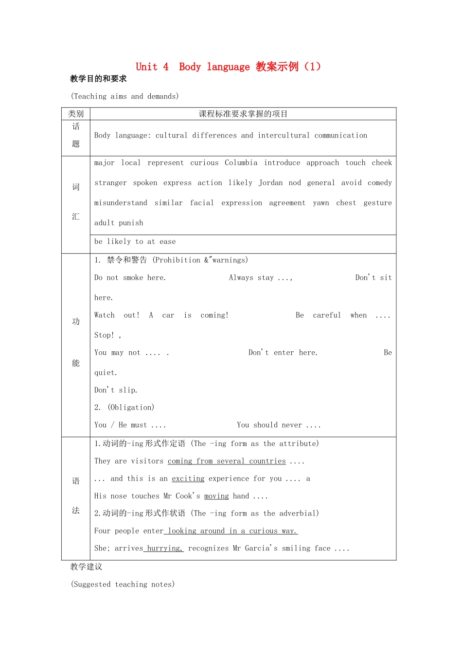 高中英语 Unit 4《Body Language》教案（7） 新人教版必修4_第1页