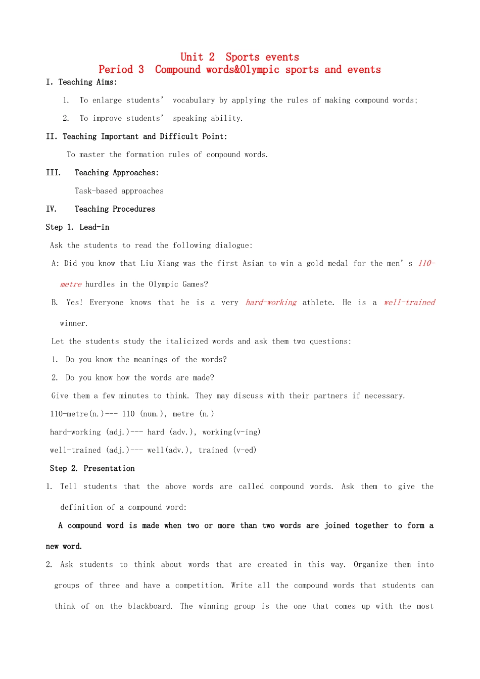 高中英语 Unit2 Sporting events word power教案 牛津译林版必修4-牛津版高一必修4英语教案_第1页