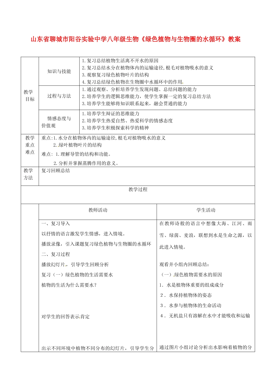 山东省聊城市阳谷实验中学八年级生物《绿色植物与生物圈的水循环》教案_第1页