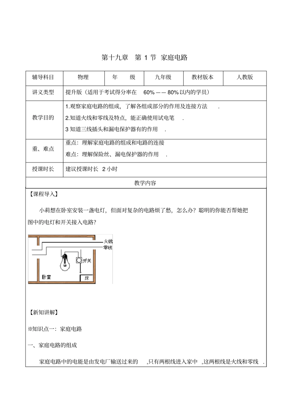 人教版九年级物理第十九章-第1节-家庭电路(提升版)教案_第1页