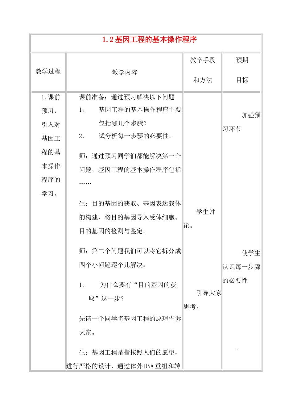 高中生物《基因工程的基本操作程序》教案3 新人教版选修3_第1页