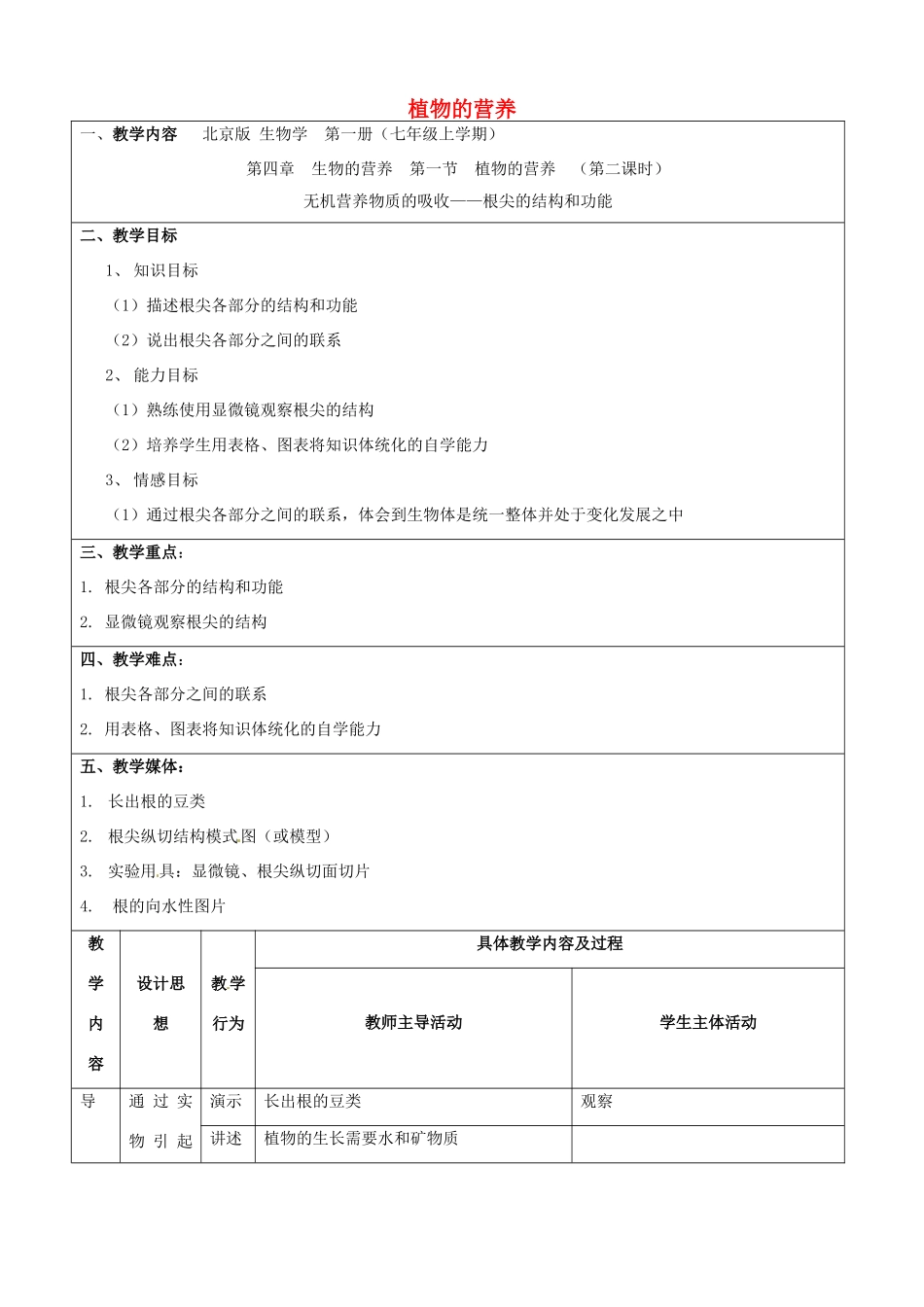 七年级生物上册 4.1《植物的营养》（第二课时）教案 北京课改版_第1页