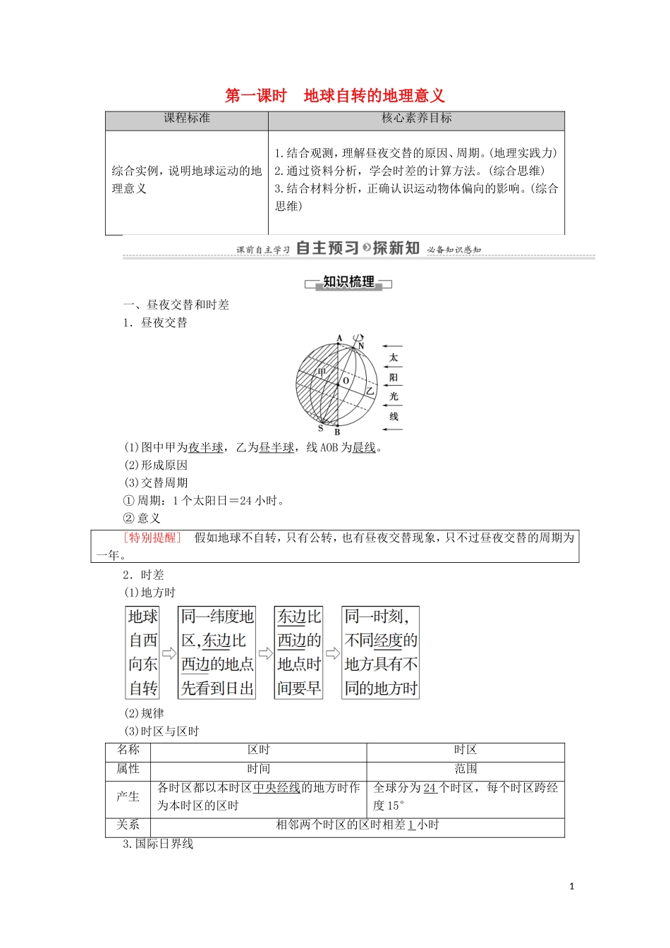 高中地理 第1章 地球的运动 第2节 第1课时 地球自转的地理意义教案 新人教版选择性必修第一册-新人教版高中选择性必修第一册地理教案_第1页
