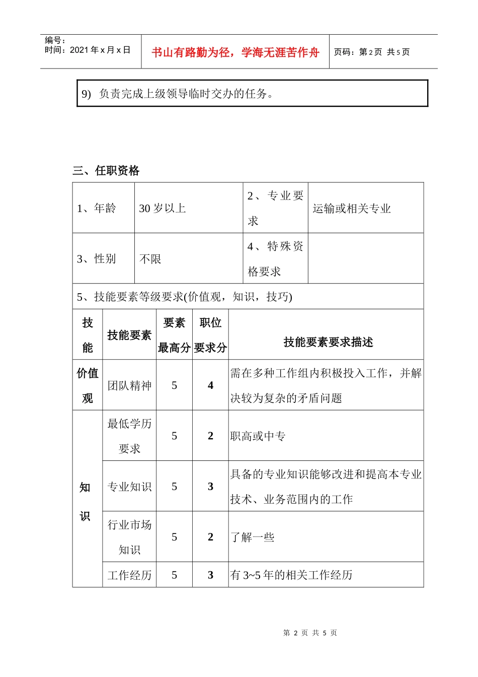 保供部运输主管职位说明书_第2页