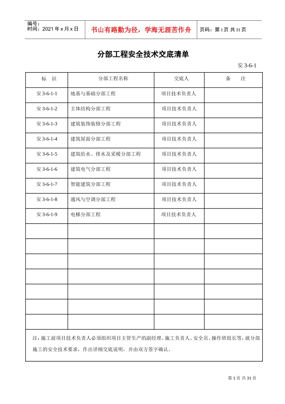 分部+分项工程安全技术交底清单(全)(DOC30页)_第1页