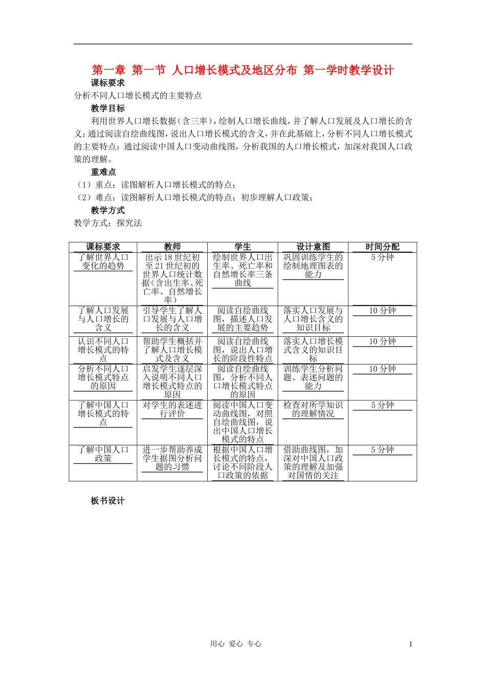 高中地理《人口增长的模式及地区分布》教案6 中图版必修2_第1页