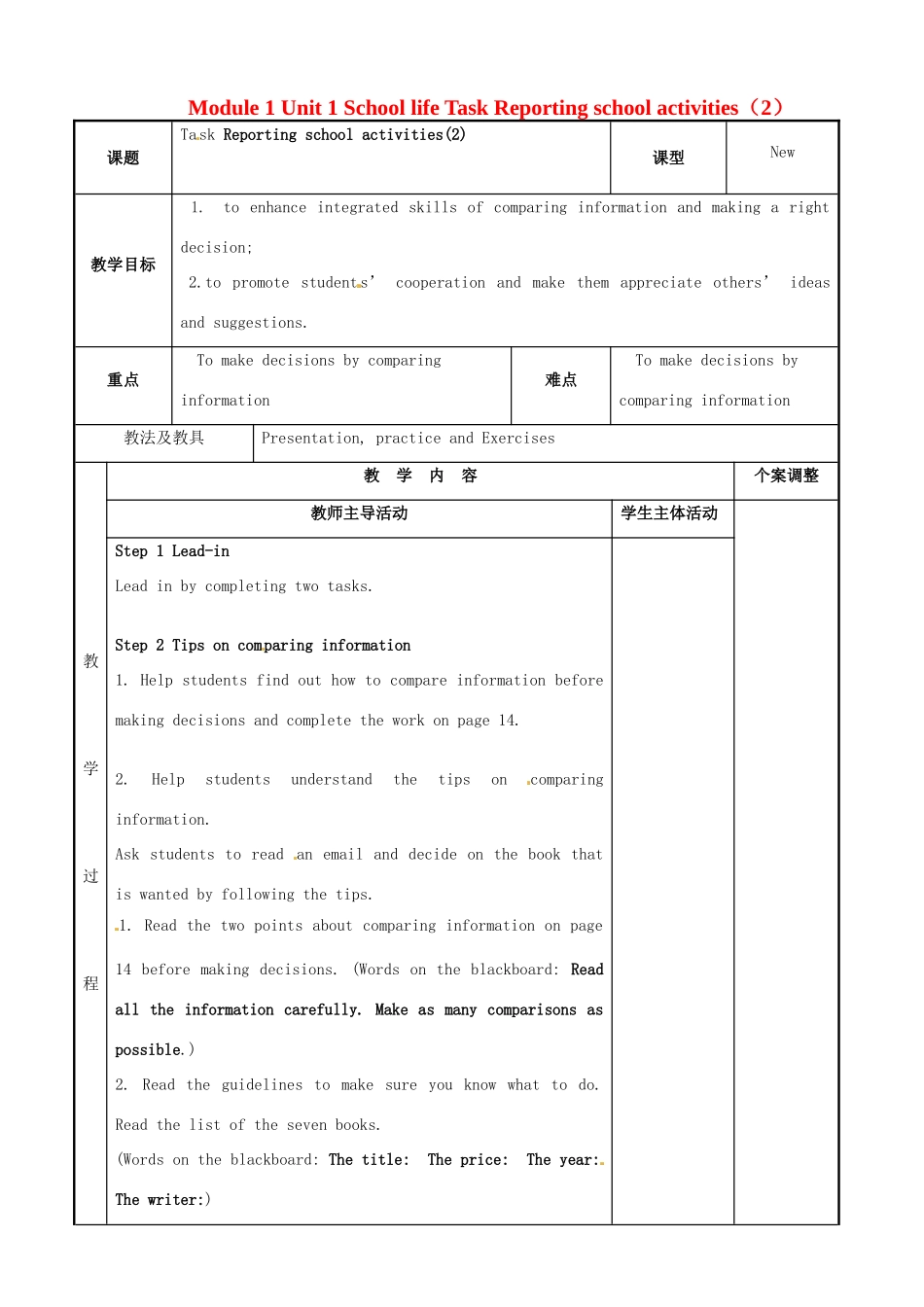 高中英语 Module 1 Unit 1 School life Task Reporting school activities（2）教案 牛津泽林版必修1-人教版高一必修1英语教案_第1页